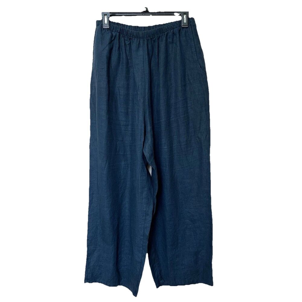 FLAX Linen Wide Leg Pants Navy Blue M Pull On Lagen Nautical Preppy Minimalist